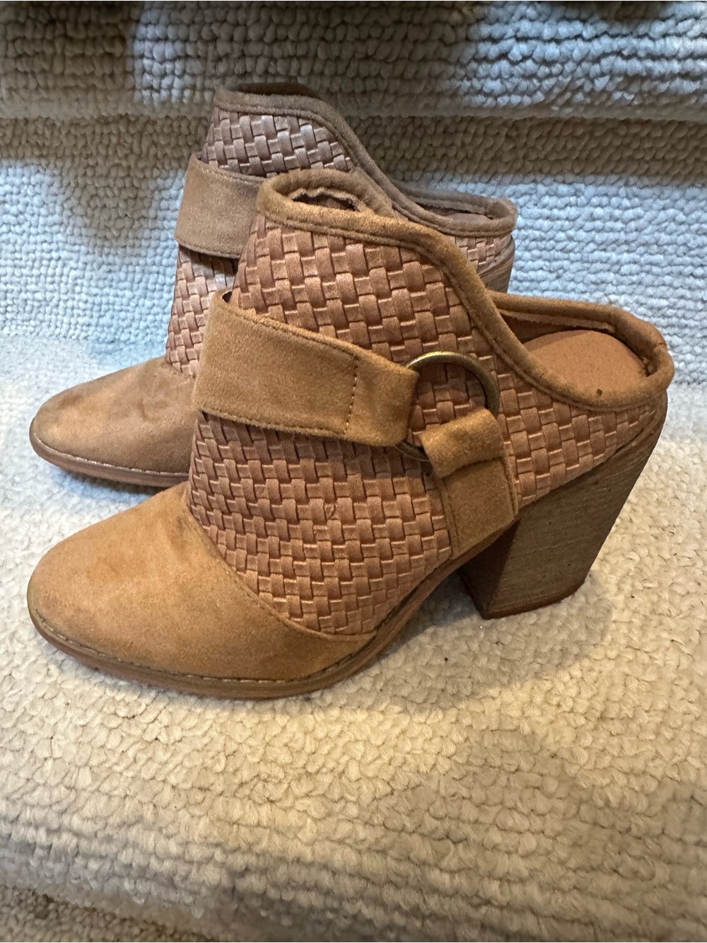 Yoki Tan Woven Suede Ankle Booties with Block Heel